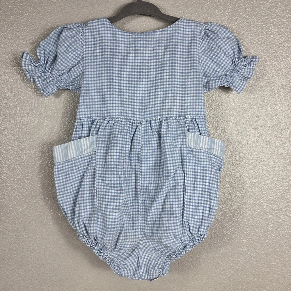 Vintage OshKosh B'Gosh Baby Bubble Romper Blue Gingham USA 12M Puff Sleeve
